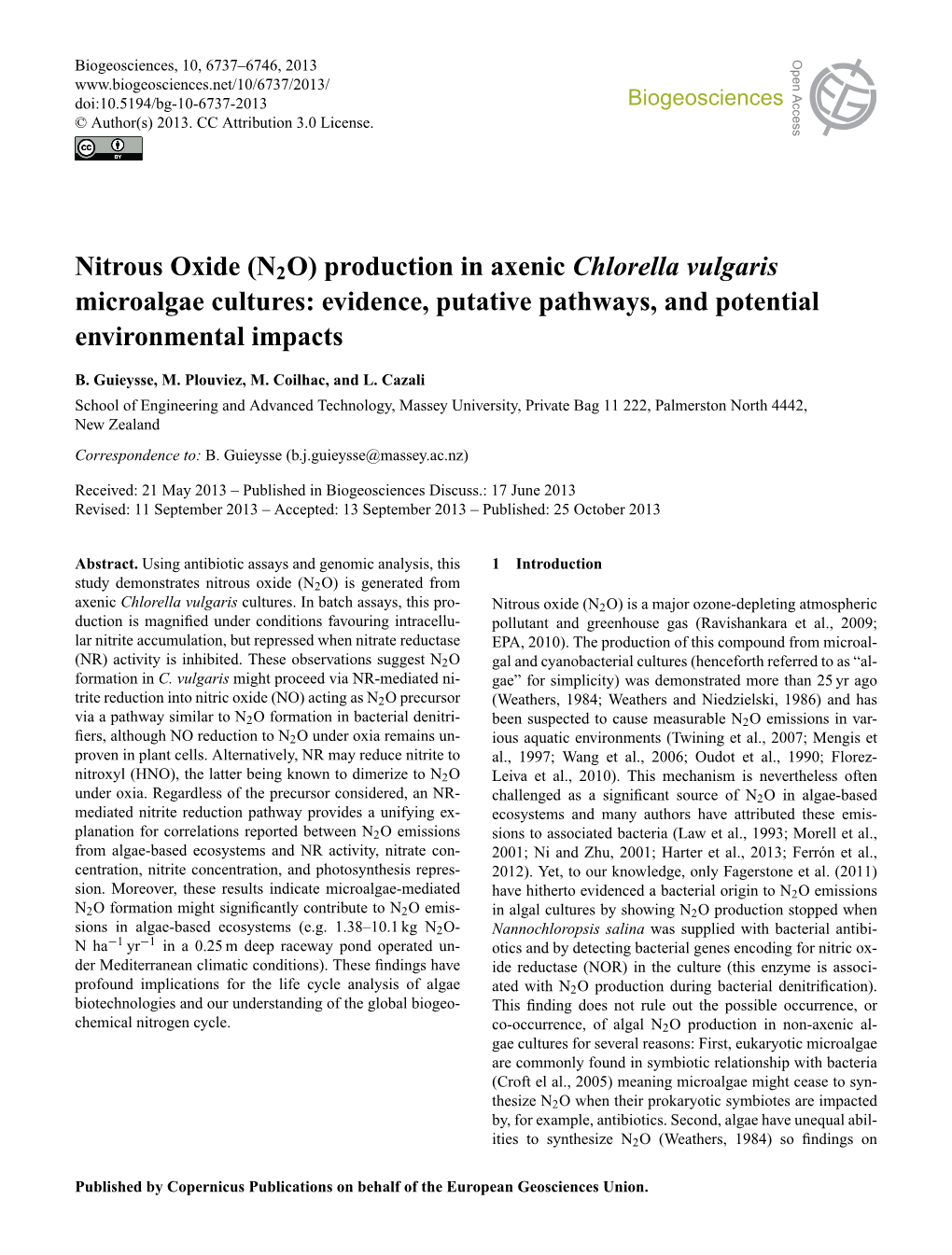 Nitrous Oxide (N2O) Production in Axenic Chlorella Vulgaris Microalgae Cultures: Evidence, Putative Pathways, and Potential Environmental Impacts