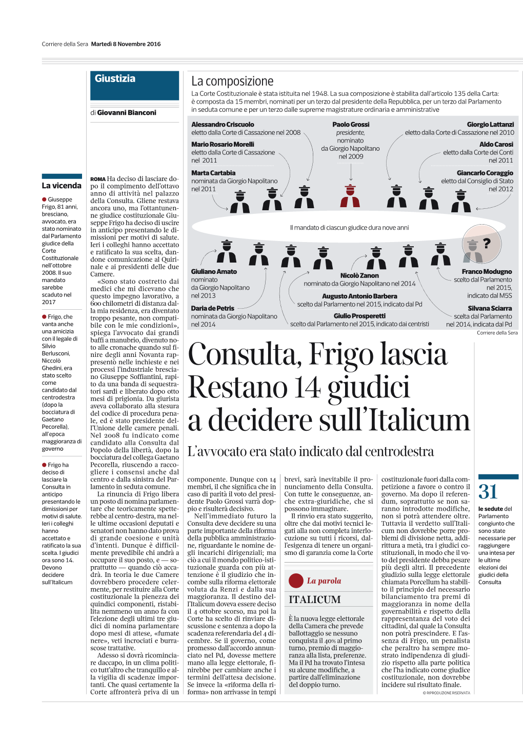 Consulta, Frigo Lascia Restano 14 Giudici a Decidere Sull'italicum