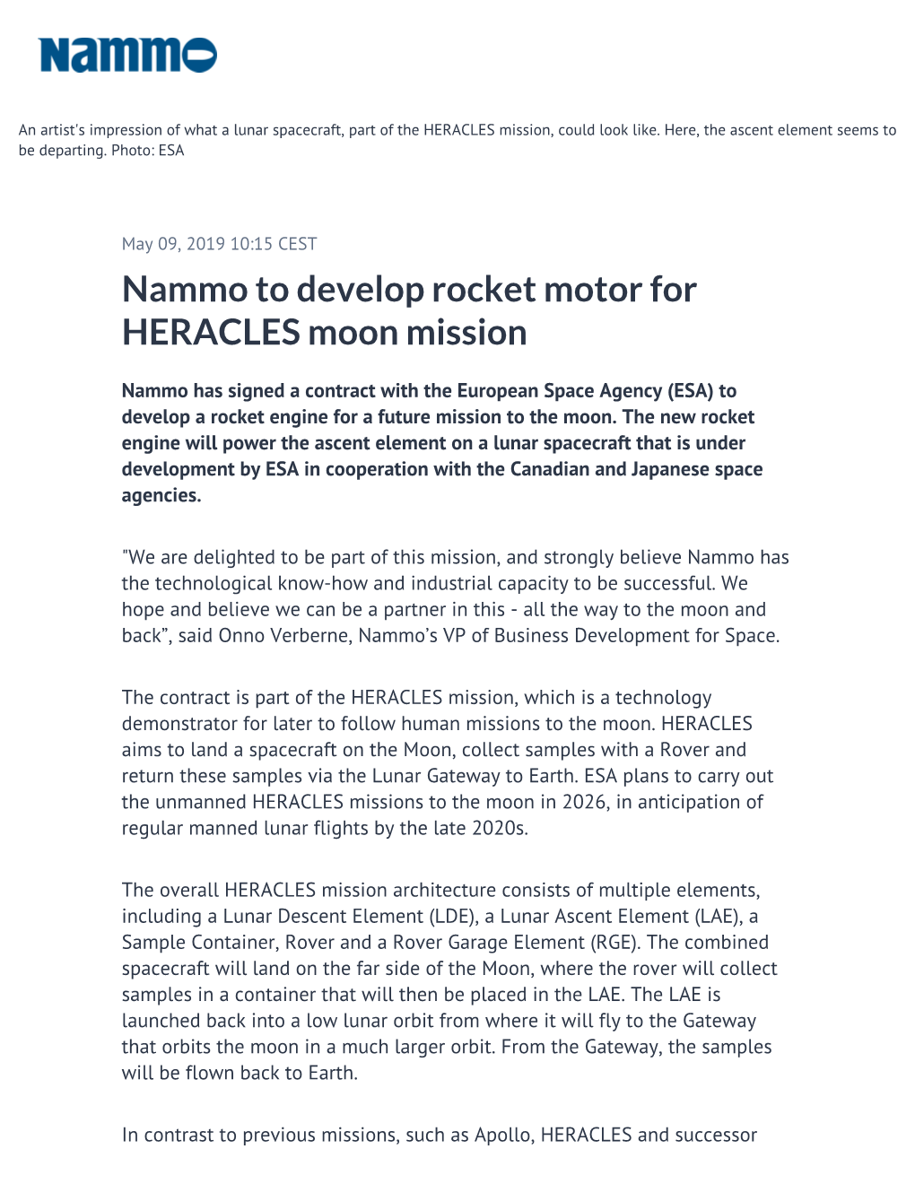 Nammo to Develop Rocket Motor for HERACLES Moon Mission