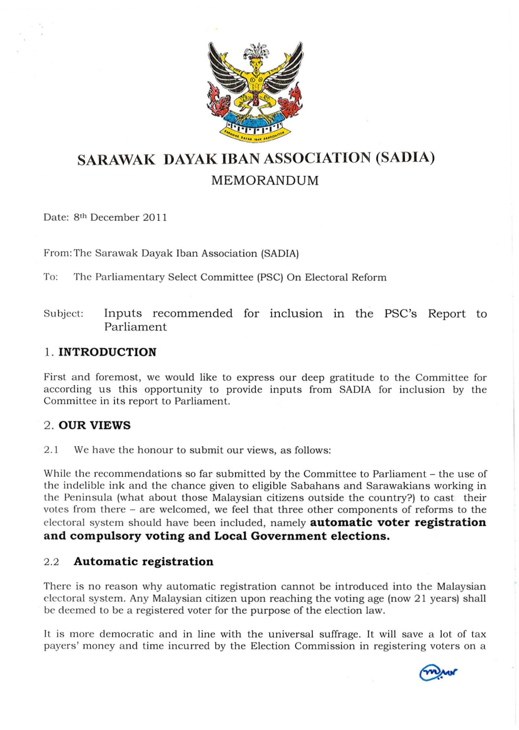 Sarawak Dayak Iban Association (Sadia) Memorandum