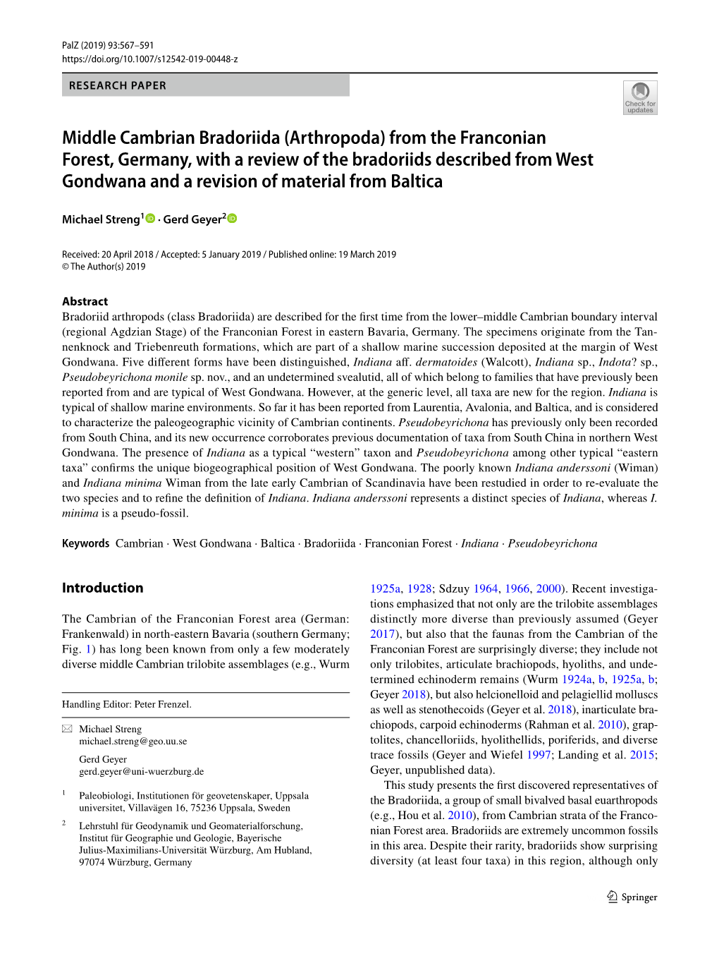 Middle Cambrian Bradoriida (Arthropoda) from the Franconian Forest, Germany, with a Review of the Bradoriids Described from West