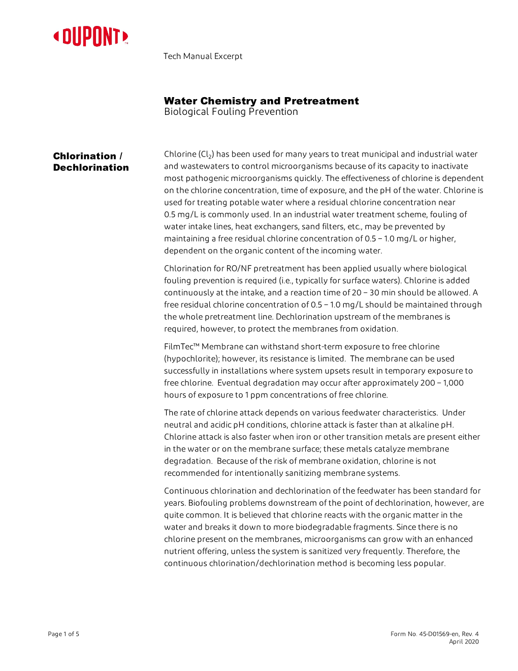 Water Chemistry and Pretreatment Biological Fouling Prevention Tech Manual Excerpt