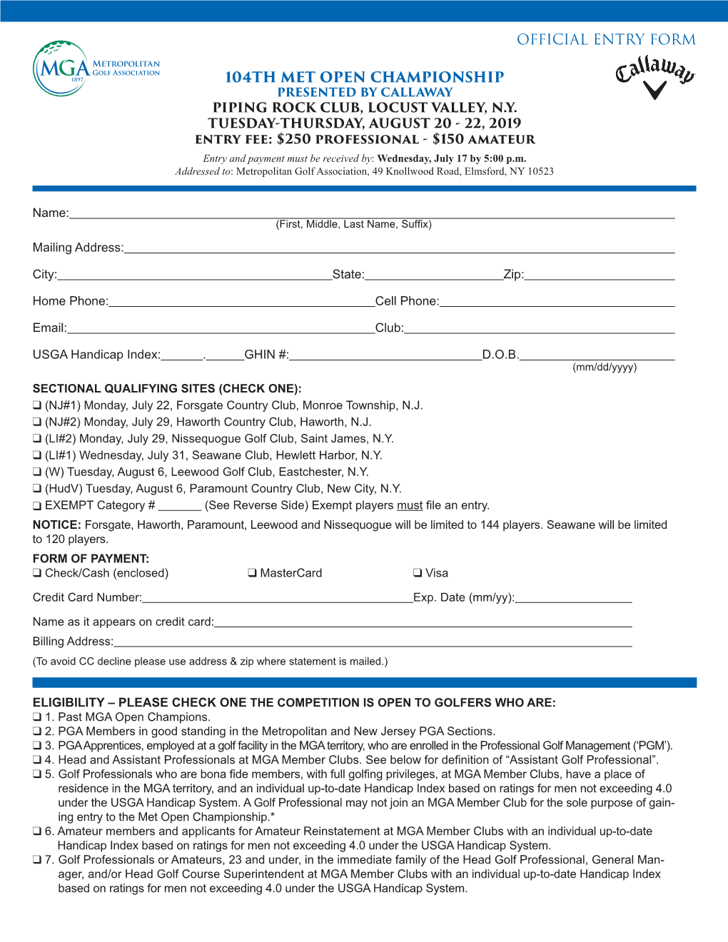 104Th Met Open Championship Official Entry Form