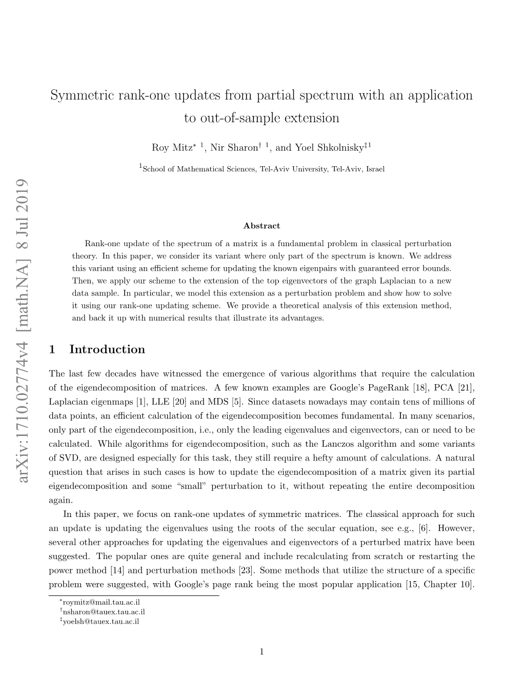 Symmetric Rank-One Updates from Partial Spectrum with an Application to Out-Of-Sample Extension