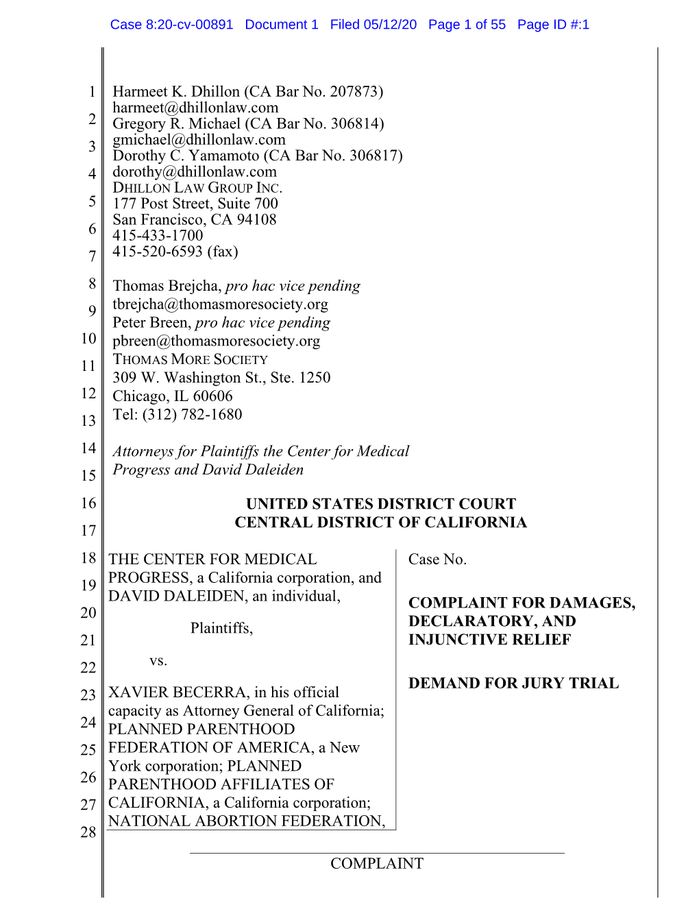 COMPLAINT for DAMAGES, 20 Plaintiffs, DECLARATORY, and 21 INJUNCTIVE RELIEF 22 Vs