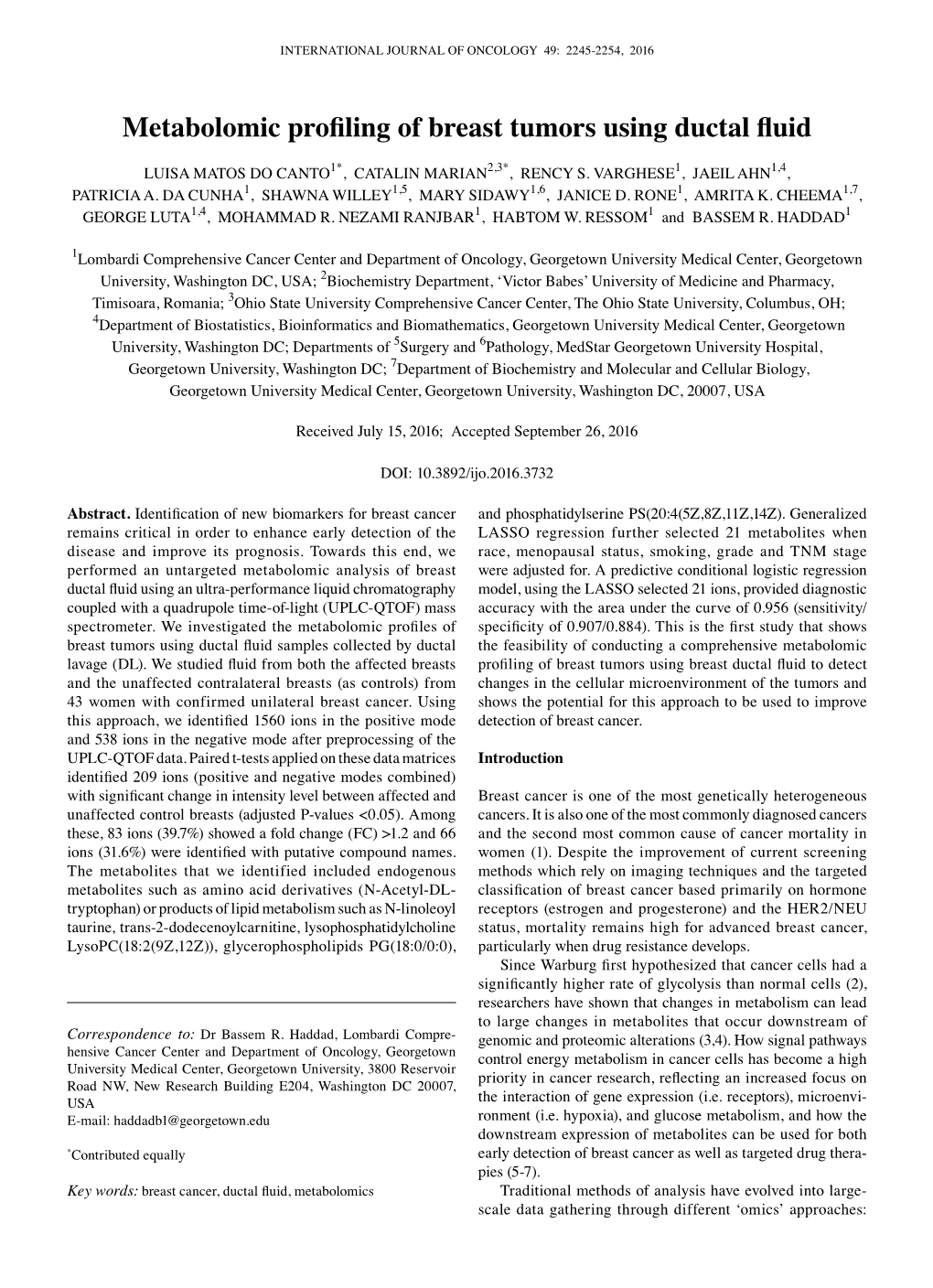 Metabolomic Profiling of Breast Tumors Using Ductal Fluid