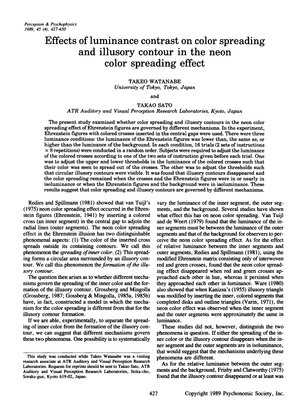 Effects of Luminance Contrast on Color Spreading and Illusory Contour In