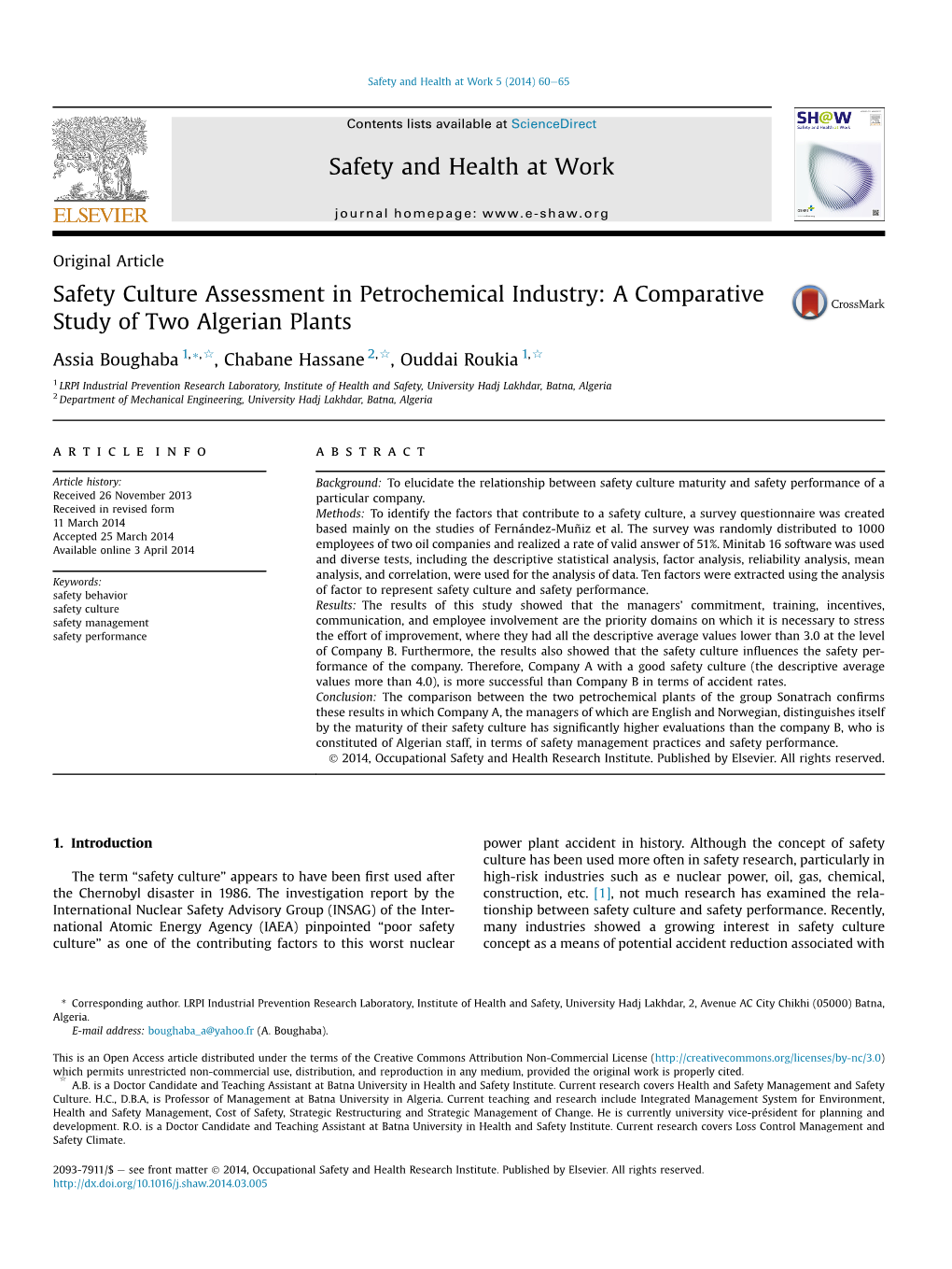 Safety Culture Assessment in Petrochemical Industry: a Comparative Study of Two Algerian Plants