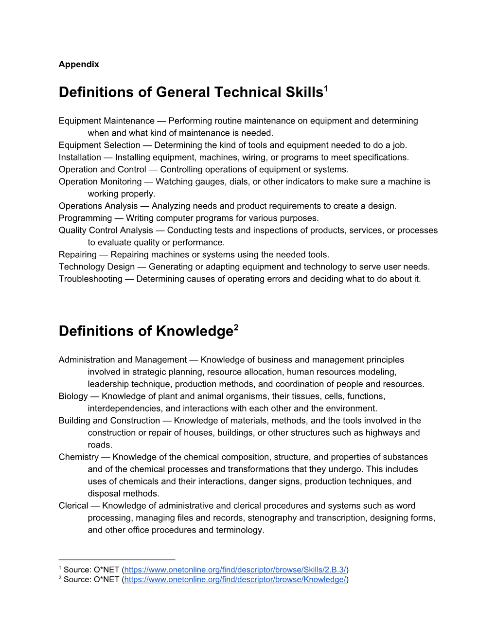 Definitions of General Technical Skills1 Definitions of Knowledge2