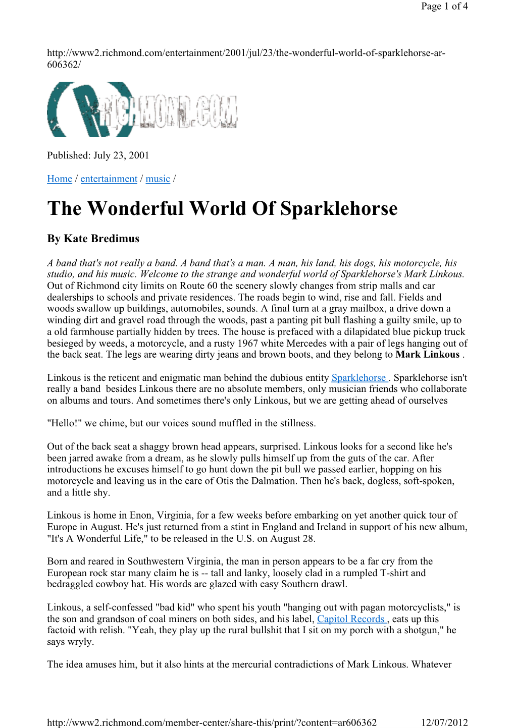 Richmond.Com “The Wonderful World of Sparklehorse”