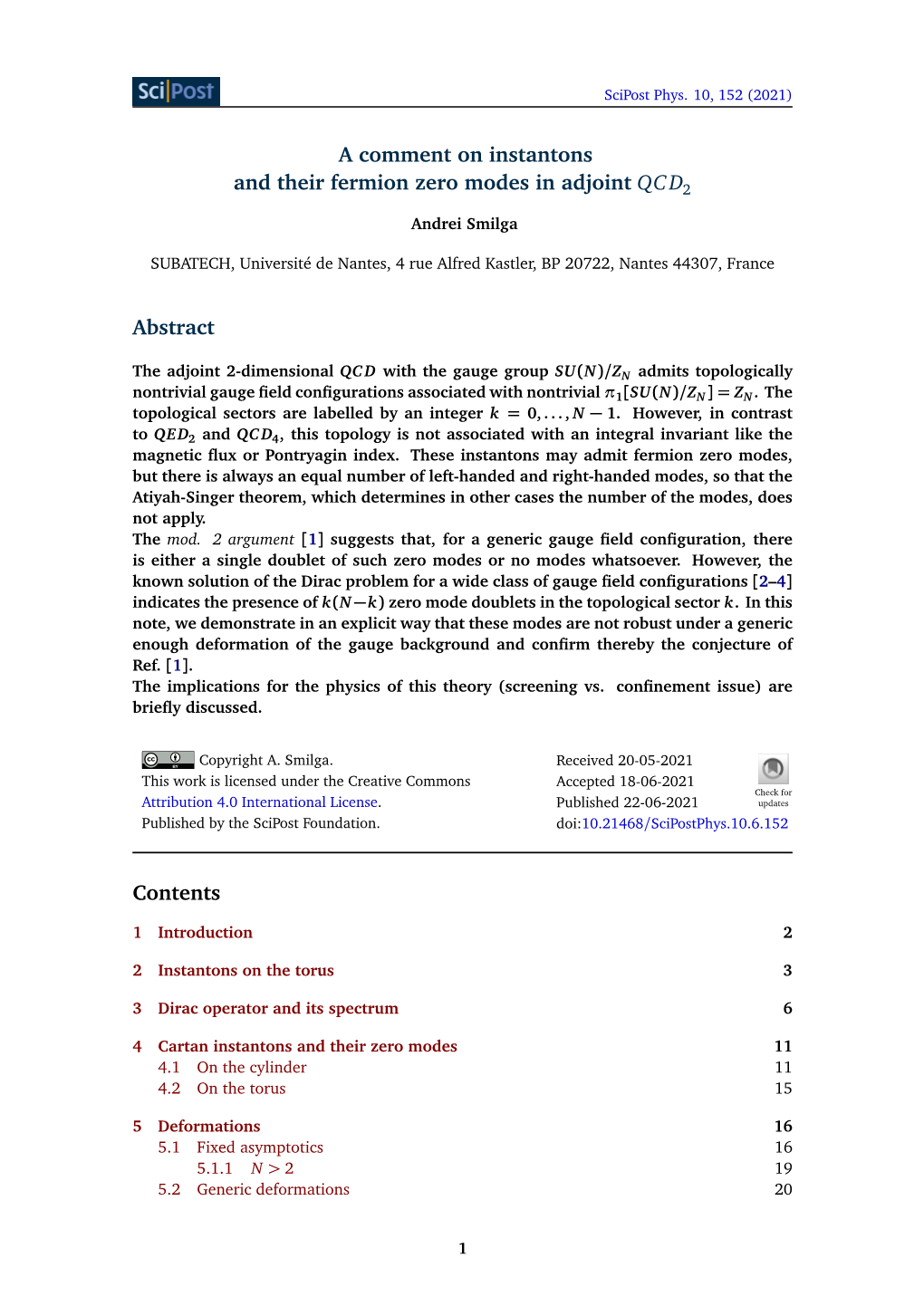 A Comment on Instantons and Their Fermion Zero Modes in Adjoint