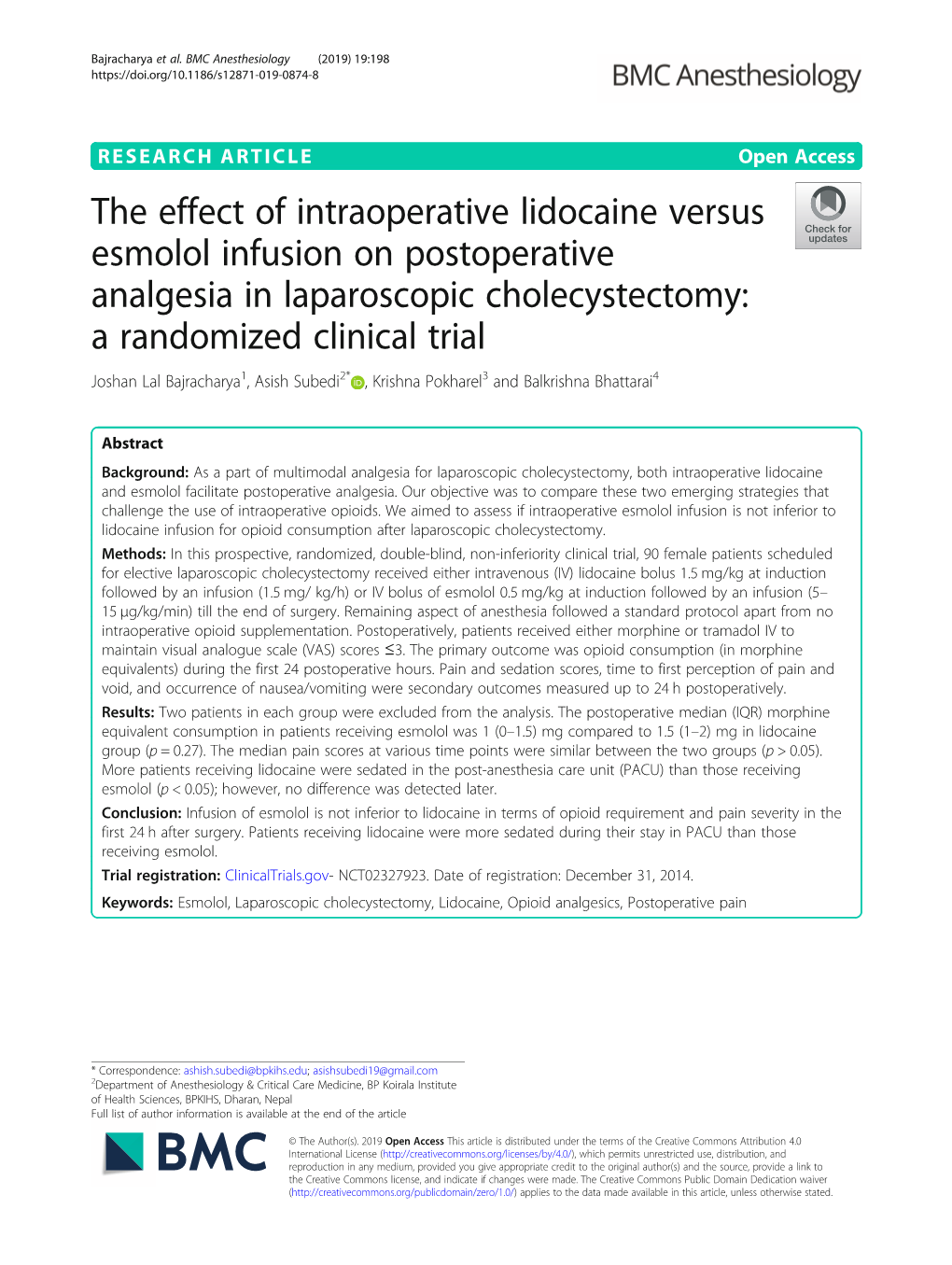 The Effect of Intraoperative Lidocaine Versus Esmolol Infusion On