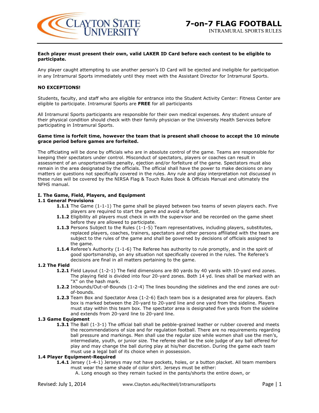 Flag Football Intramural Sports Rules