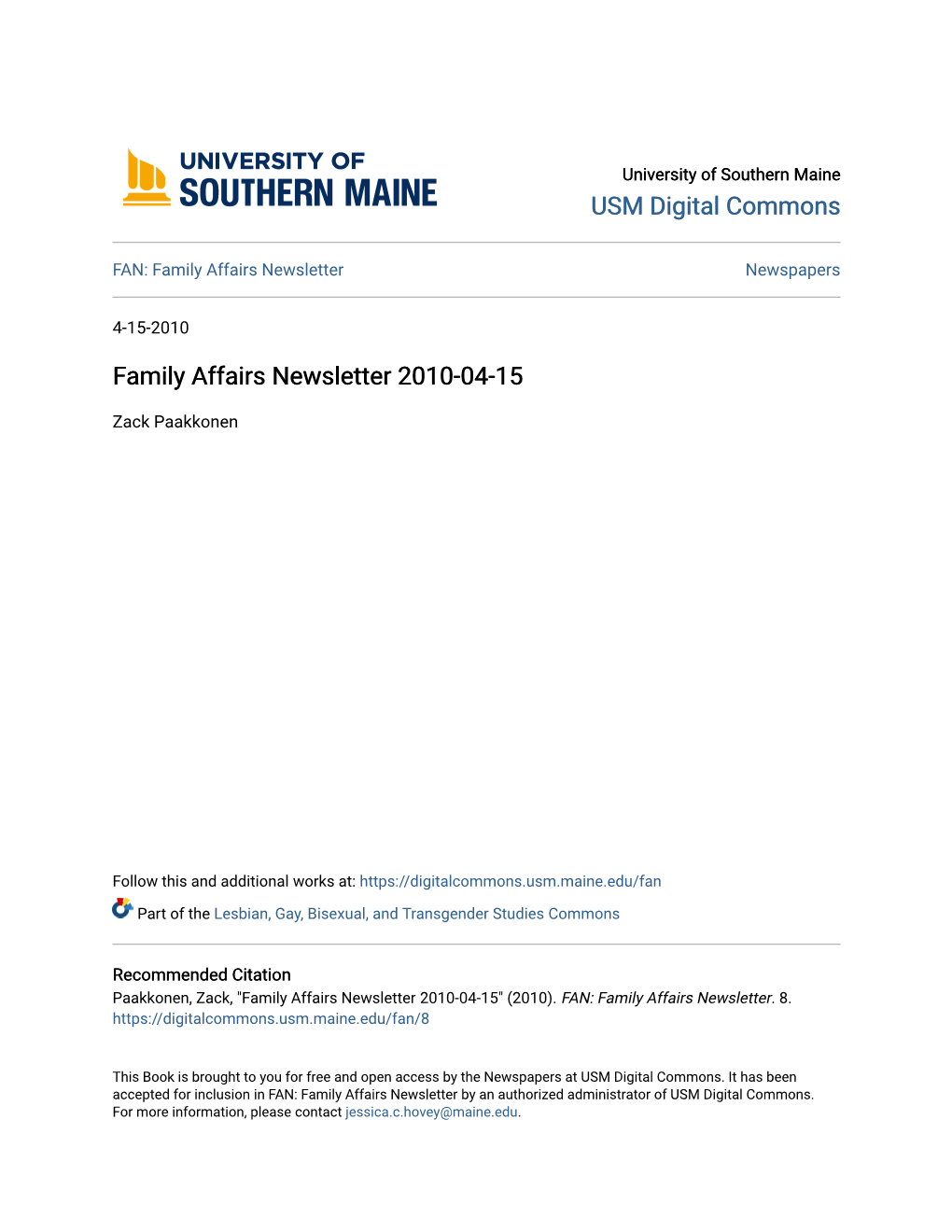 Family Affairs Newsletter 2010-04-15