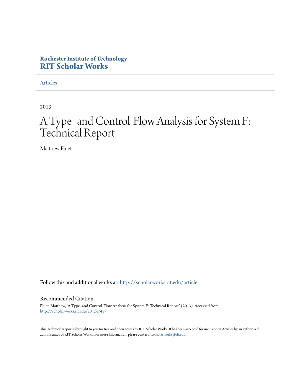 A Type- and Control-Flow Analysis for System F: Technical Report Matthew Luetf