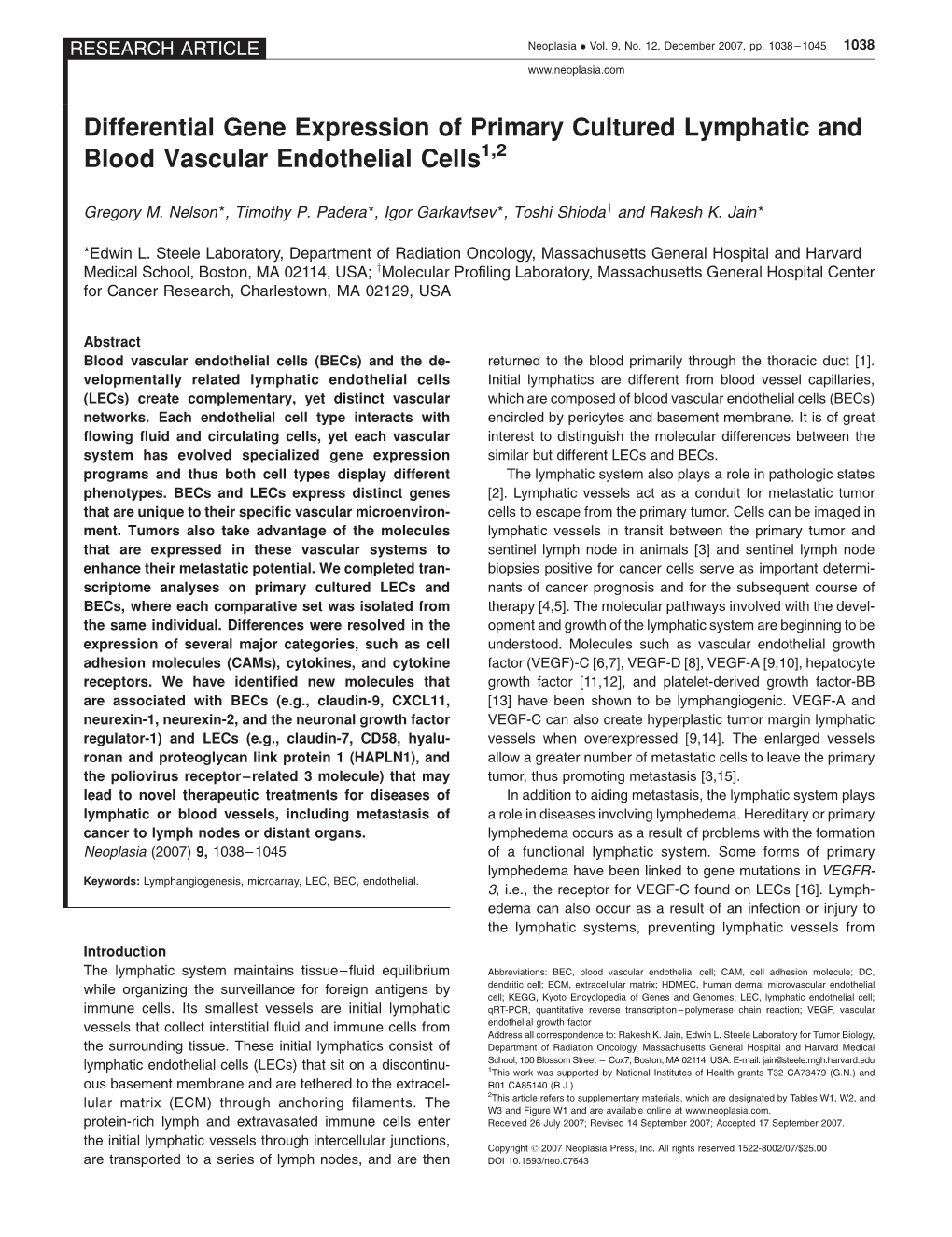 Differential Gene Expression of Primary Cultured Lymphatic and Blood Vascular Endothelial Cells1,2