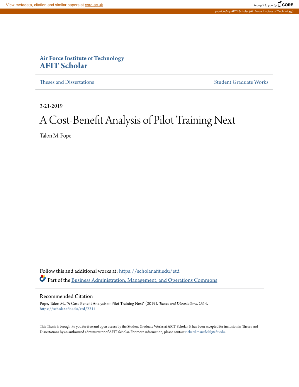 A Cost-Benefit Analysis of Pilot Training Next Talon M