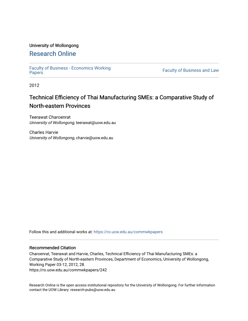 Technical Efficiency of Thai Manufacturing Smes: a Comparative Study of North-Eastern Provinces