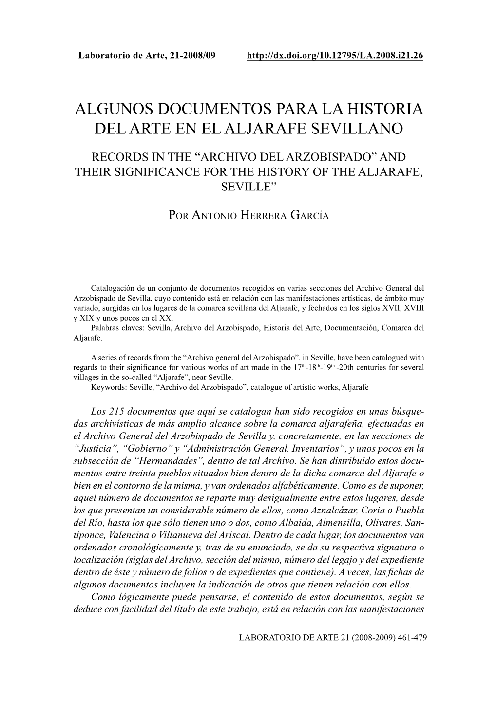 Algunos Documentos Para La Historia Del Arte En El Aljarafe Sevillano