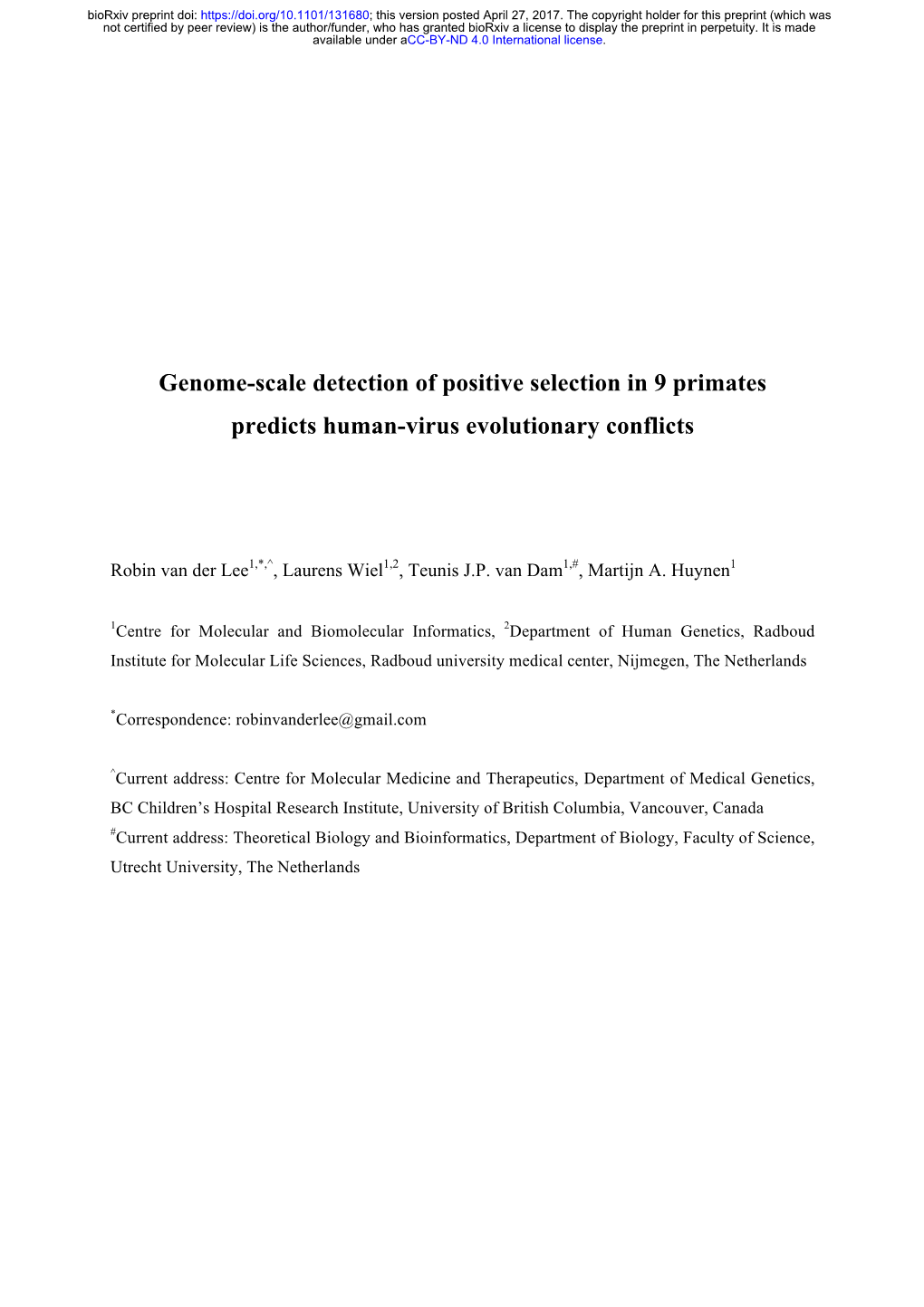 Genome-Scale Detection of Positive Selection in 9 Primates Predicts Human-Virus Evolutionary Conflicts