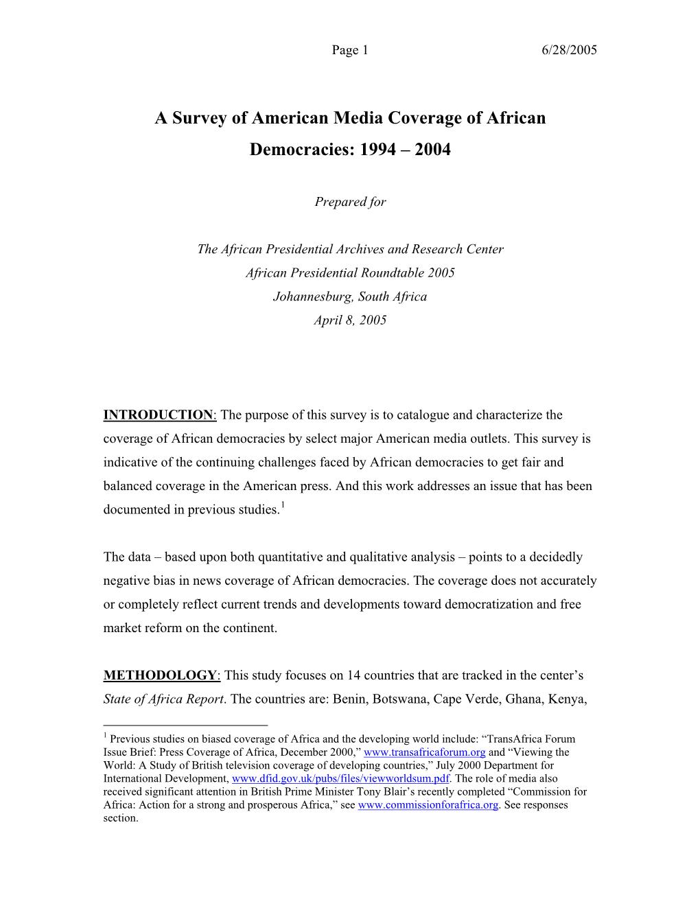 A Survey of American Media Coverage of African Democracies: 1994 – 2004