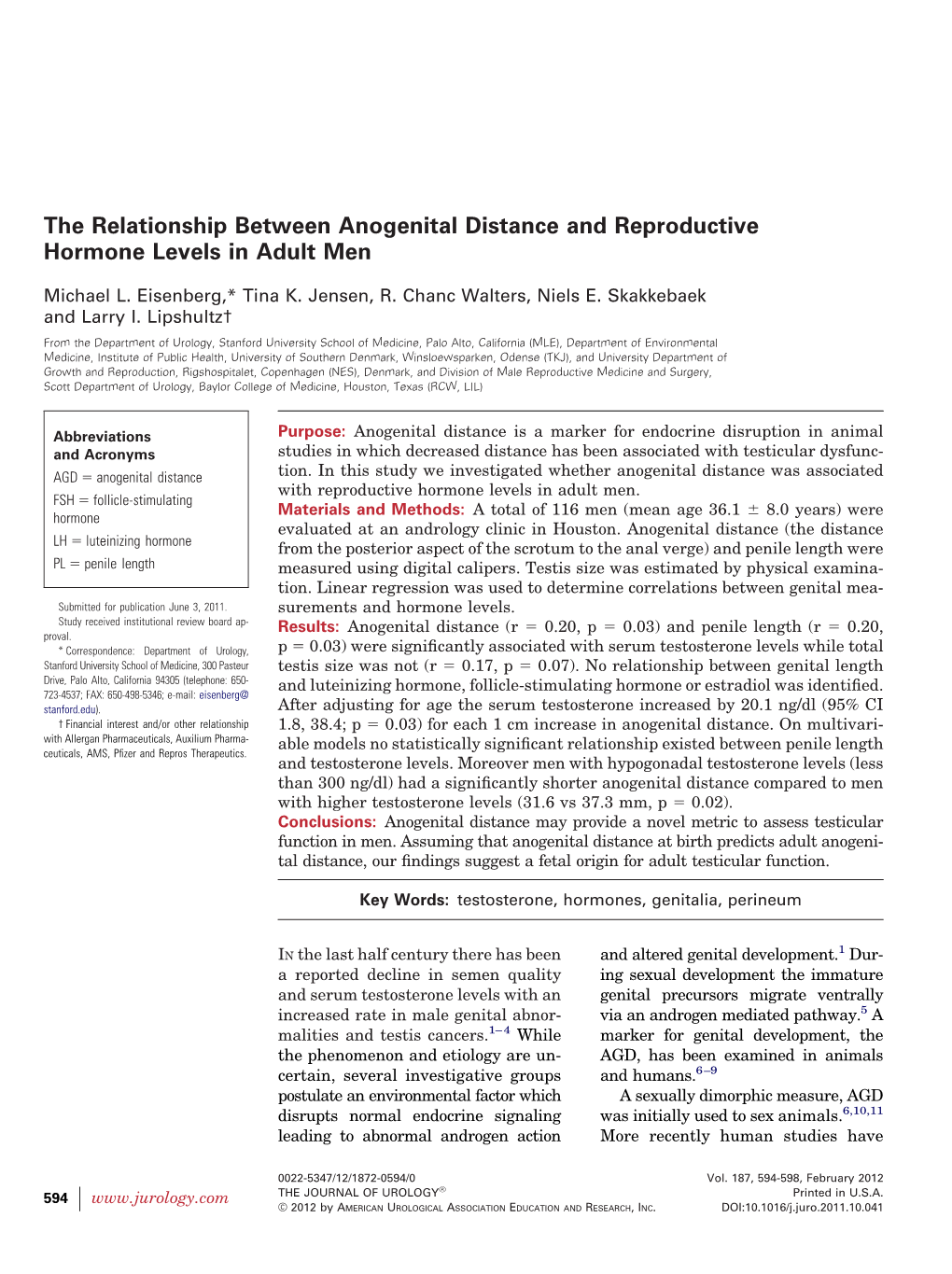 The Relationship Between Anogenital Distance and Reproductive Hormone Levels in Adult Men