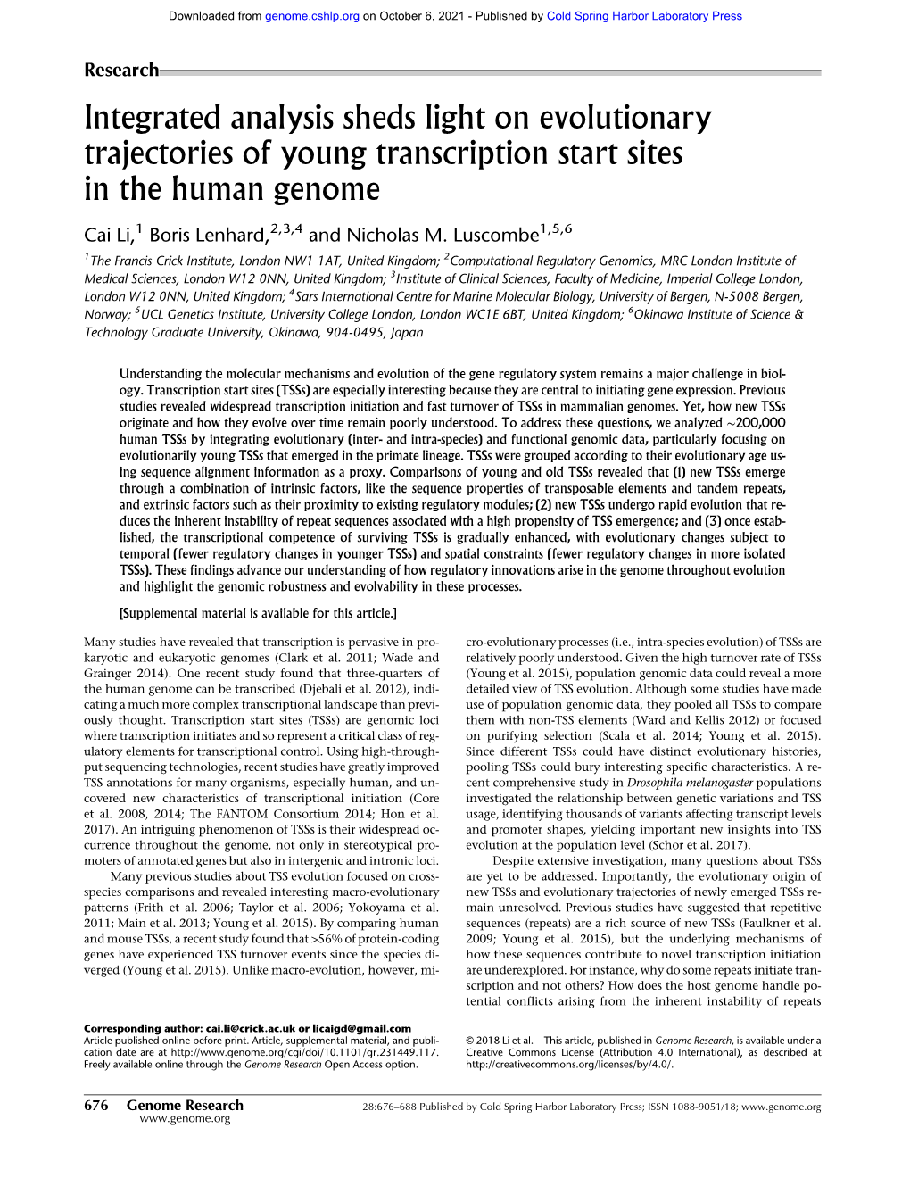 Integrated Analysis Sheds Light on Evolutionary Trajectories of Young Transcription Start Sites in the Human Genome