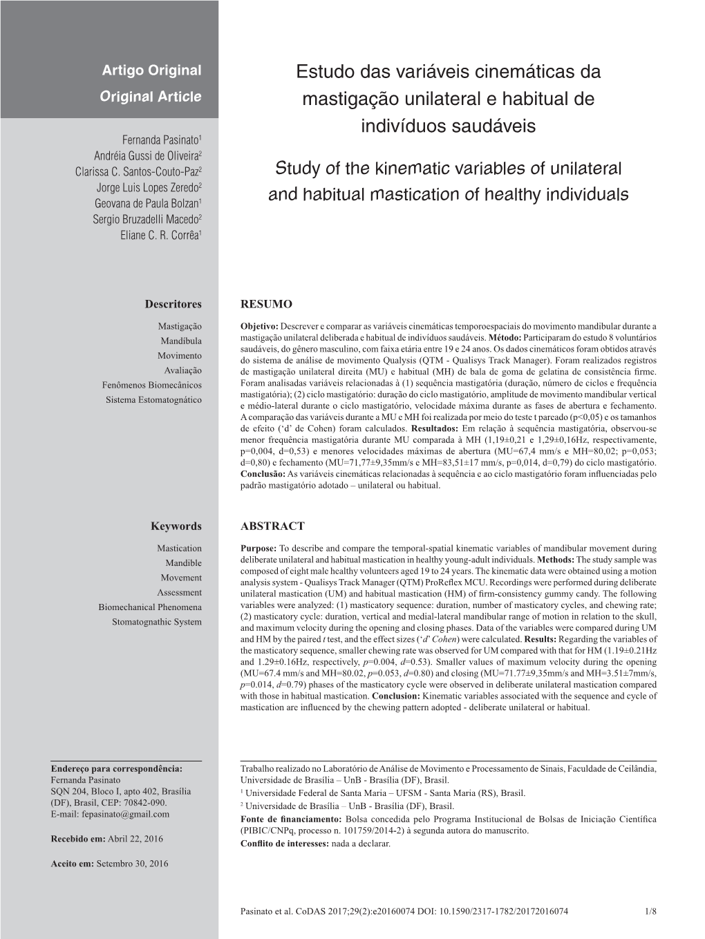 Study of the Kinematic Variables of Unilateral and Habitual Mastication of Healthy Individuals