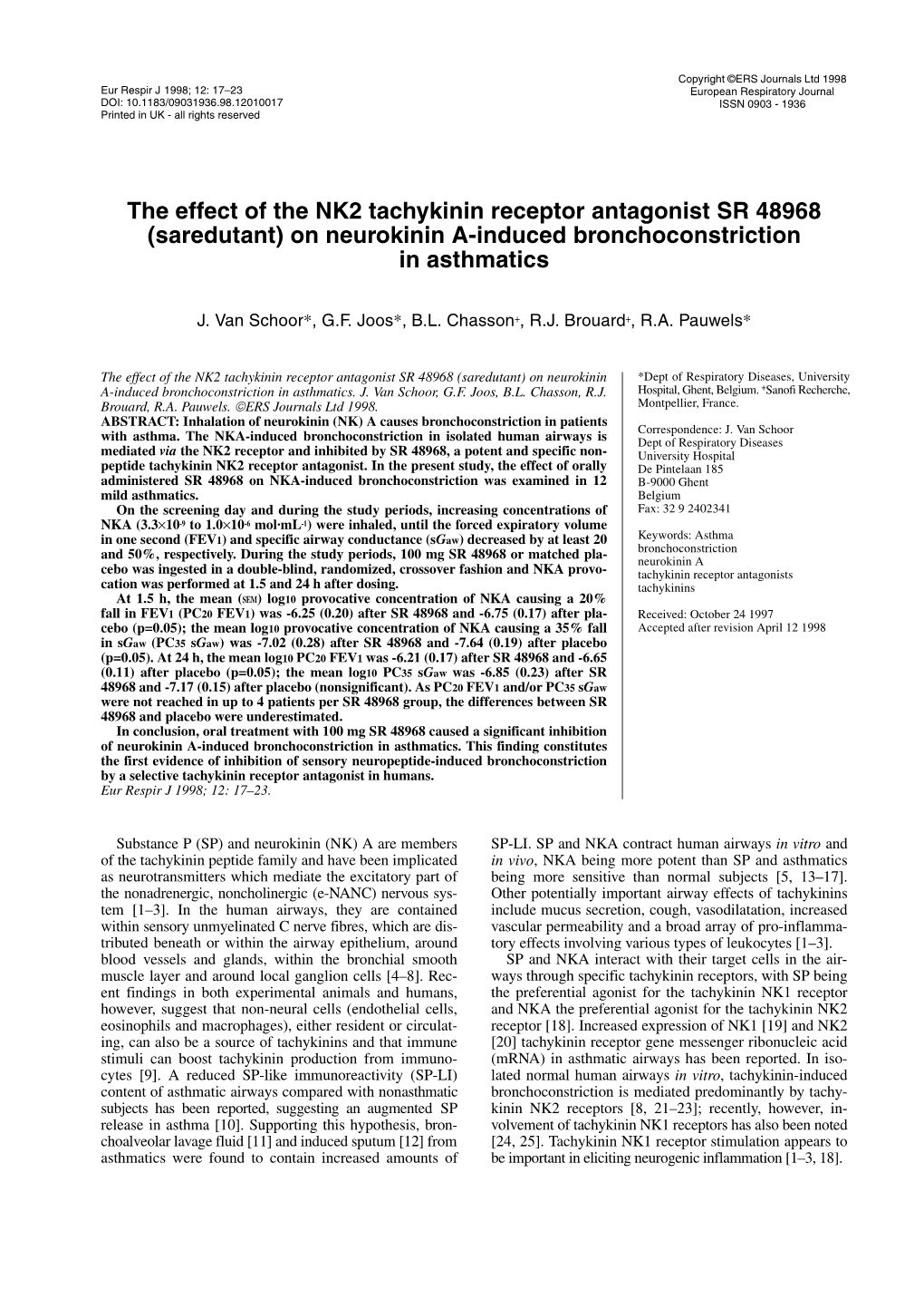 On Neurokinin A-Induced Bronchoconstriction in Asthmatics