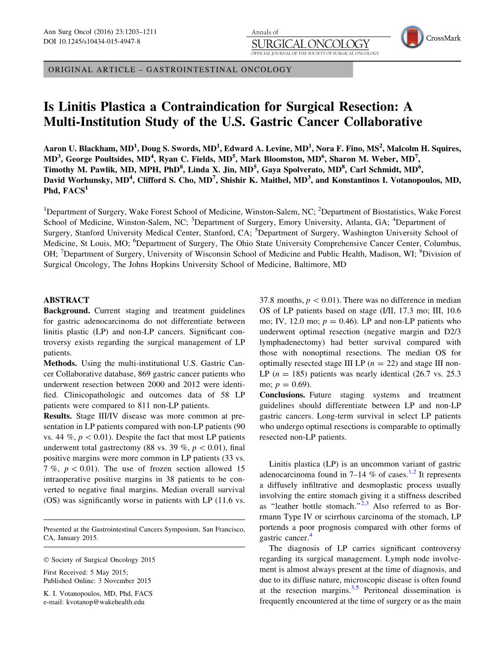 Is Linitis Plastica a Contraindication for Surgical Resection: a Multi-Institution Study of the U.S. Gastric Cancer Collaborative