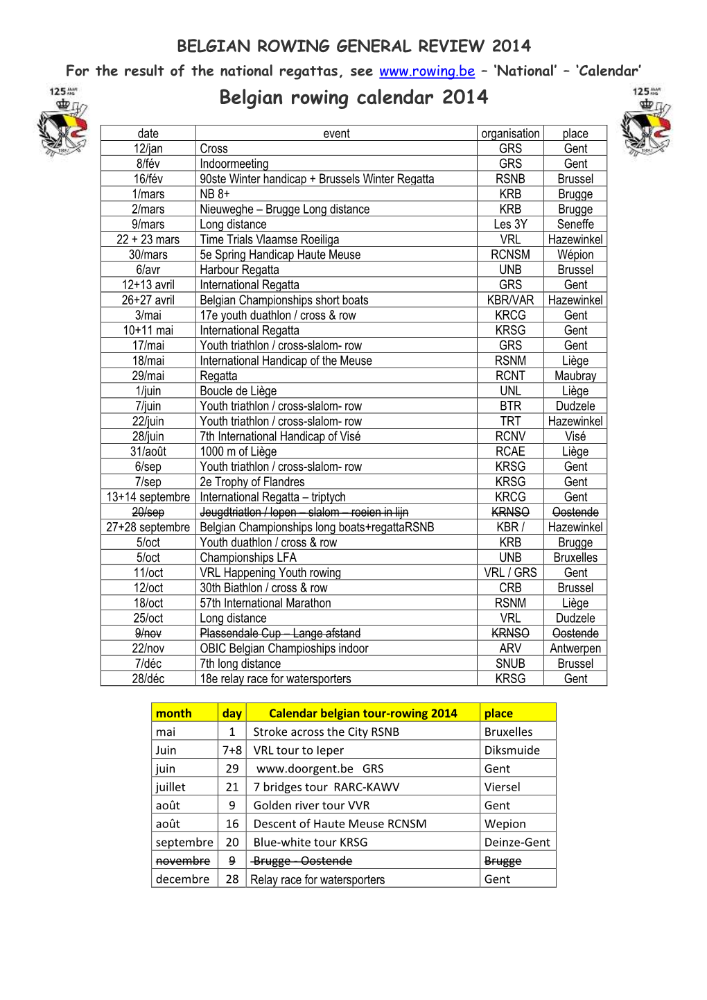 Belgian Rowing Calendar 2014