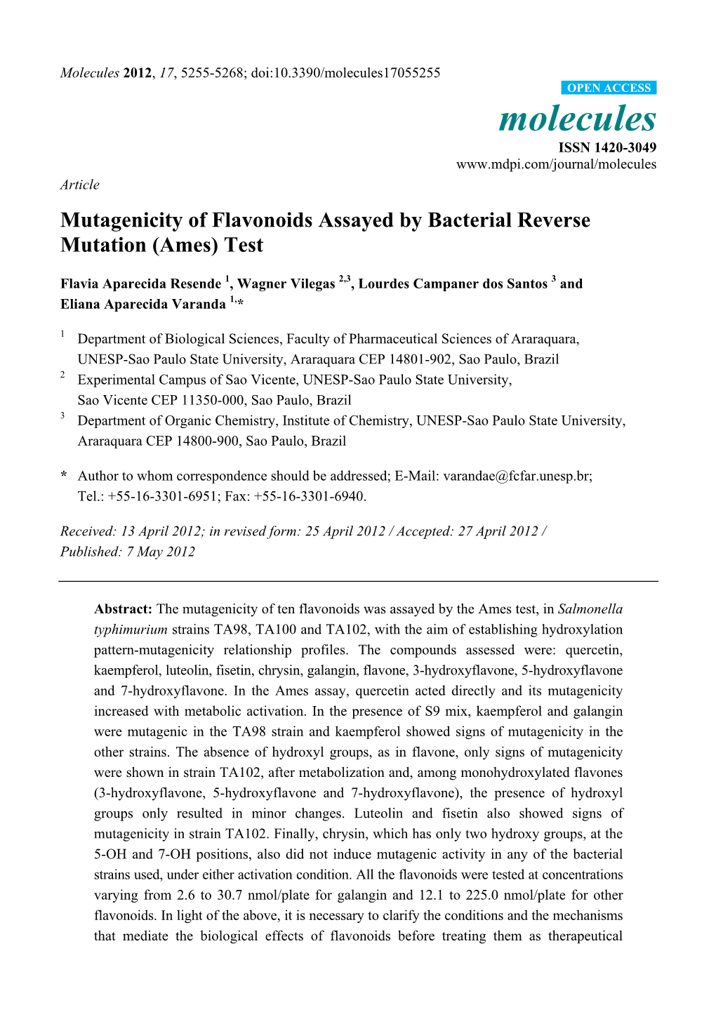 Mutagenicity of Flavonoids Assayed by Bacterial Reverse Mutation (Ames) Test