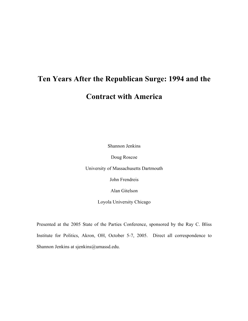 Ten Years After the Republican Surge: 1994 and the Contract with America