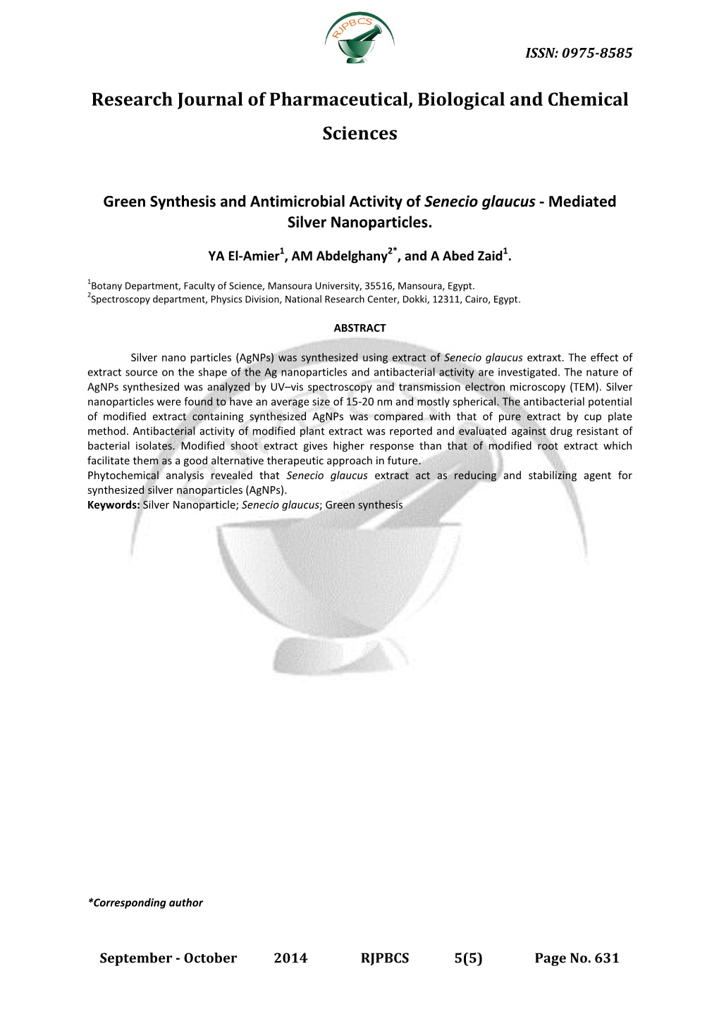 Green Synthesis and Antimicrobial Activity of Senecio Glaucus - Mediated Silver Nanoparticles