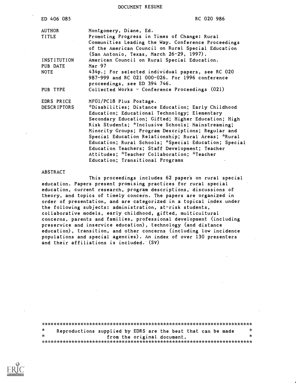 Rural Communities Leading the Way. Conference Proceedings of the American Council on Rural Special Education (San Antonio, Texas, March 26-29, 1997)