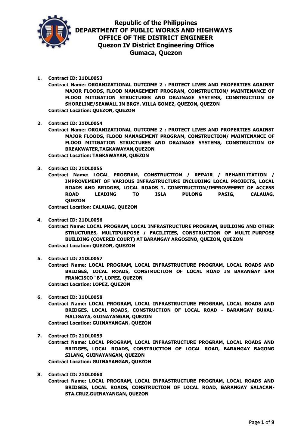 Republic of the Philippines DEPARTMENT of PUBLIC WORKS and HIGHWAYS OFFICE of the DISTRICT ENGINEER Quezon IV District Engineering Office Gumaca, Quezon