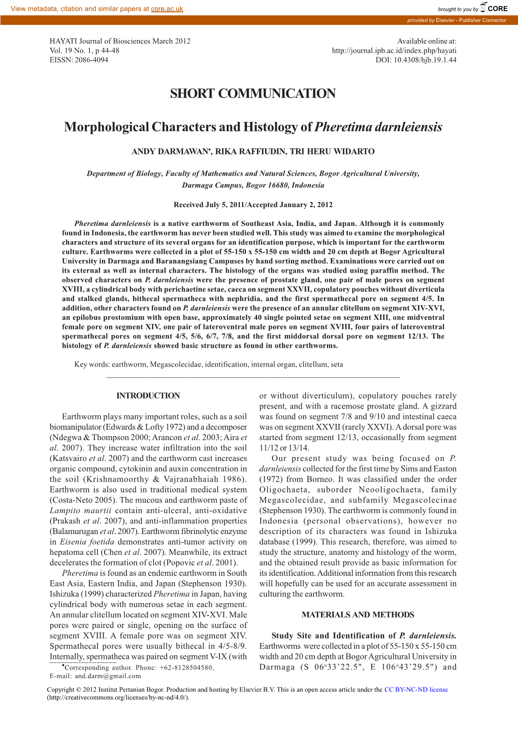 Morphological Characters and Histology of Pheretima Darnleiensis
