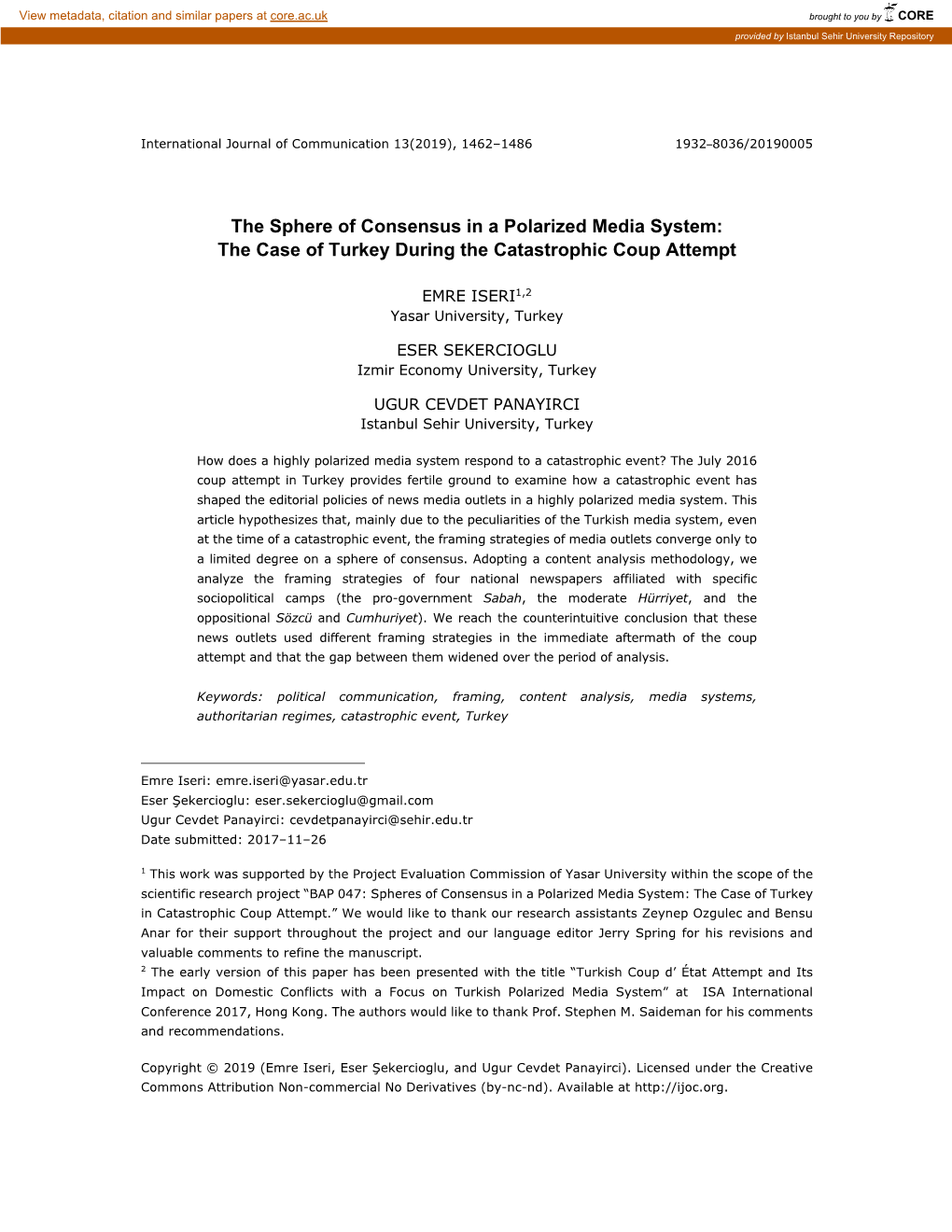 The Sphere of Consensus in a Polarized Media System: the Case of Turkey During the Catastrophic Coup Attempt