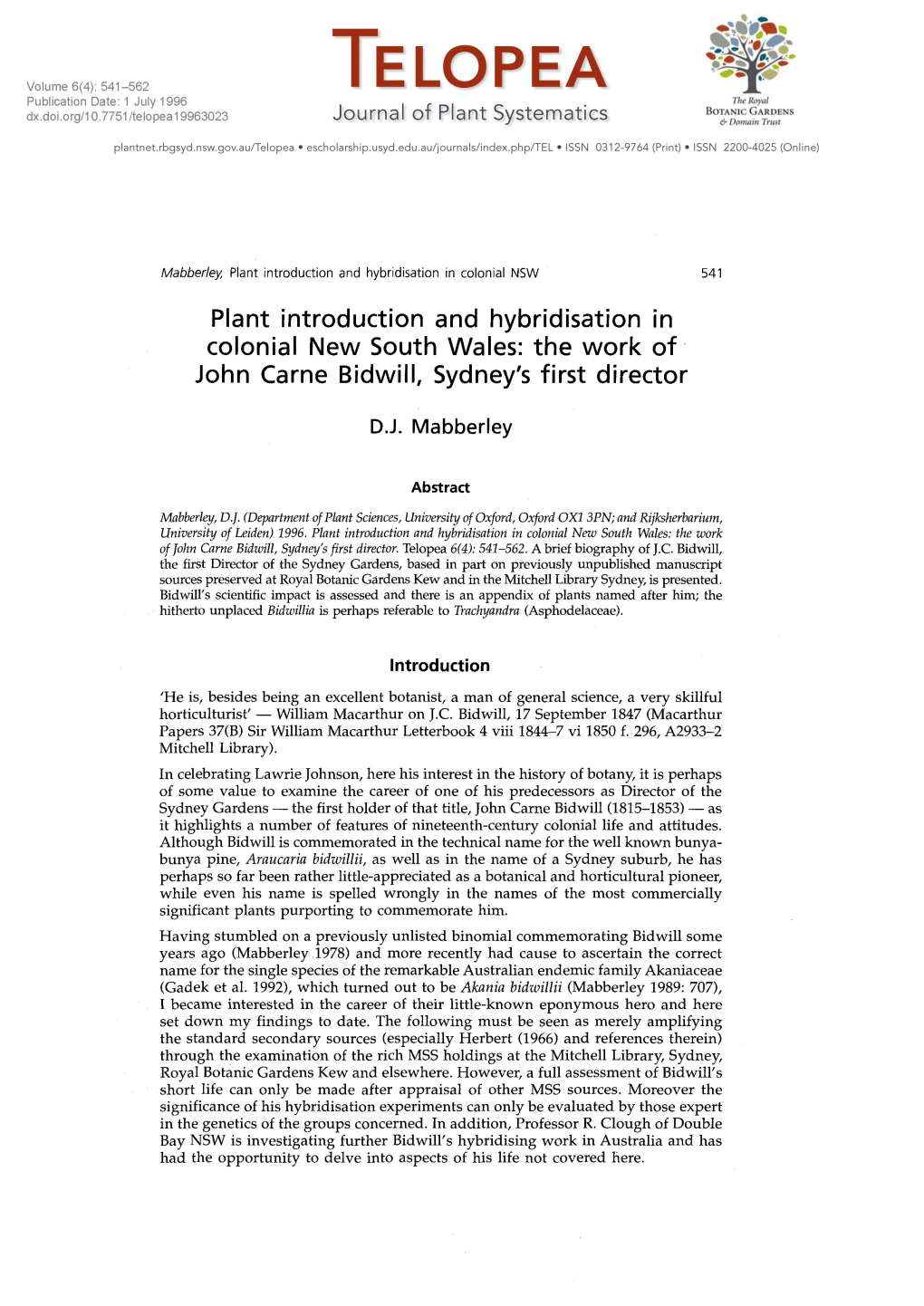 Telopea · Escholarship.Usyd.Edu.Au/Journals/Index.Php/TEL · ISSN 0312-9764 (Print) · ISSN 2200-4025 (Online)