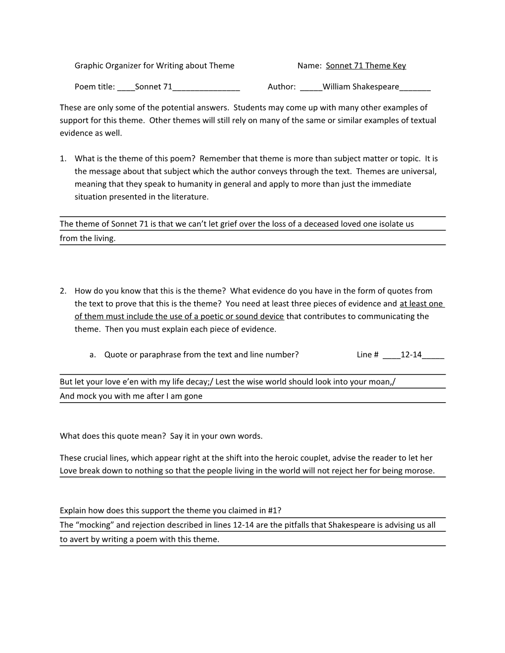 Graphic Organizer for Writing About Theme Name: Sonnet 71 Theme Key