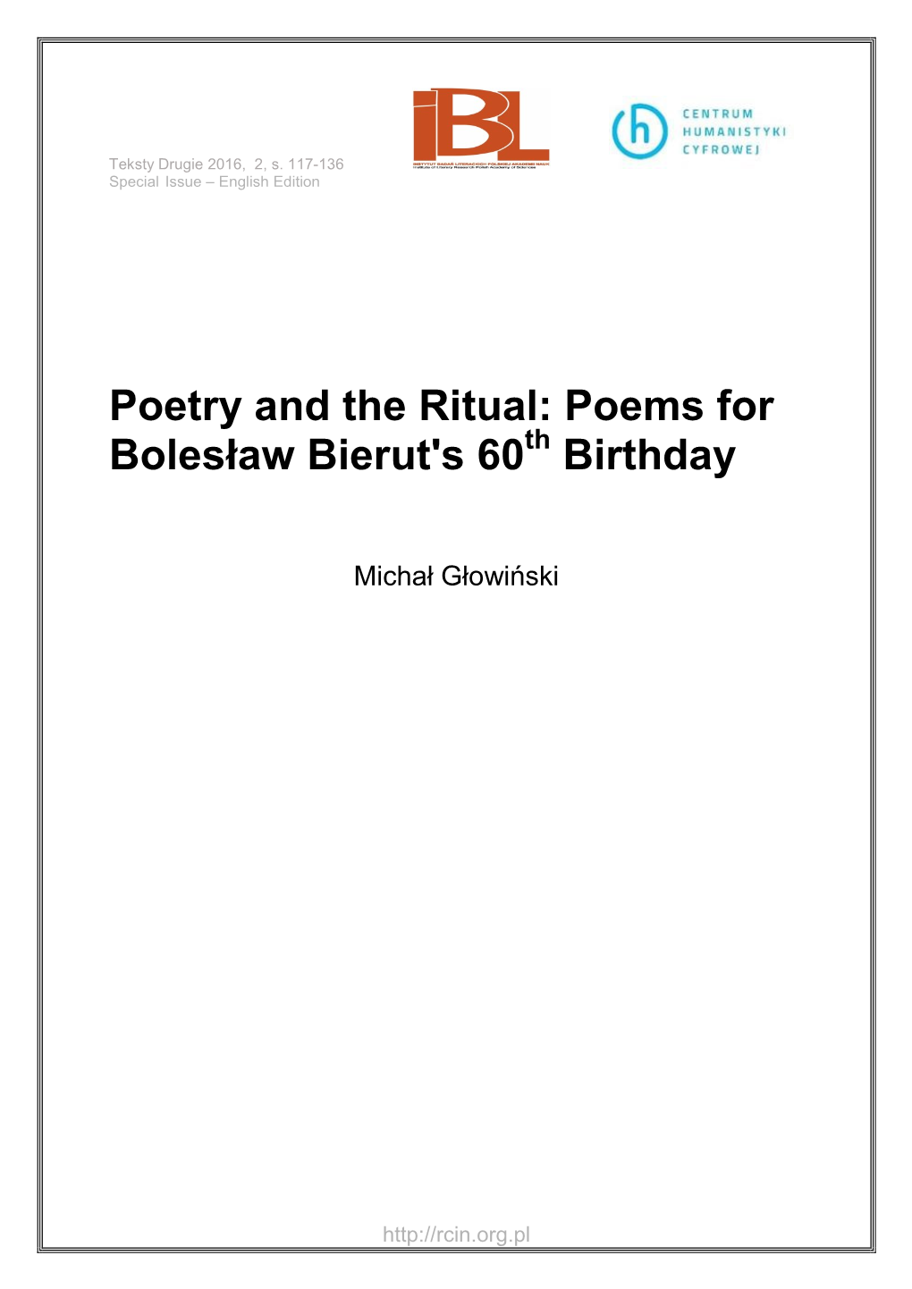 Poetry and the Ritual: Poems for Bolesław Bierut's 60Th Birthday