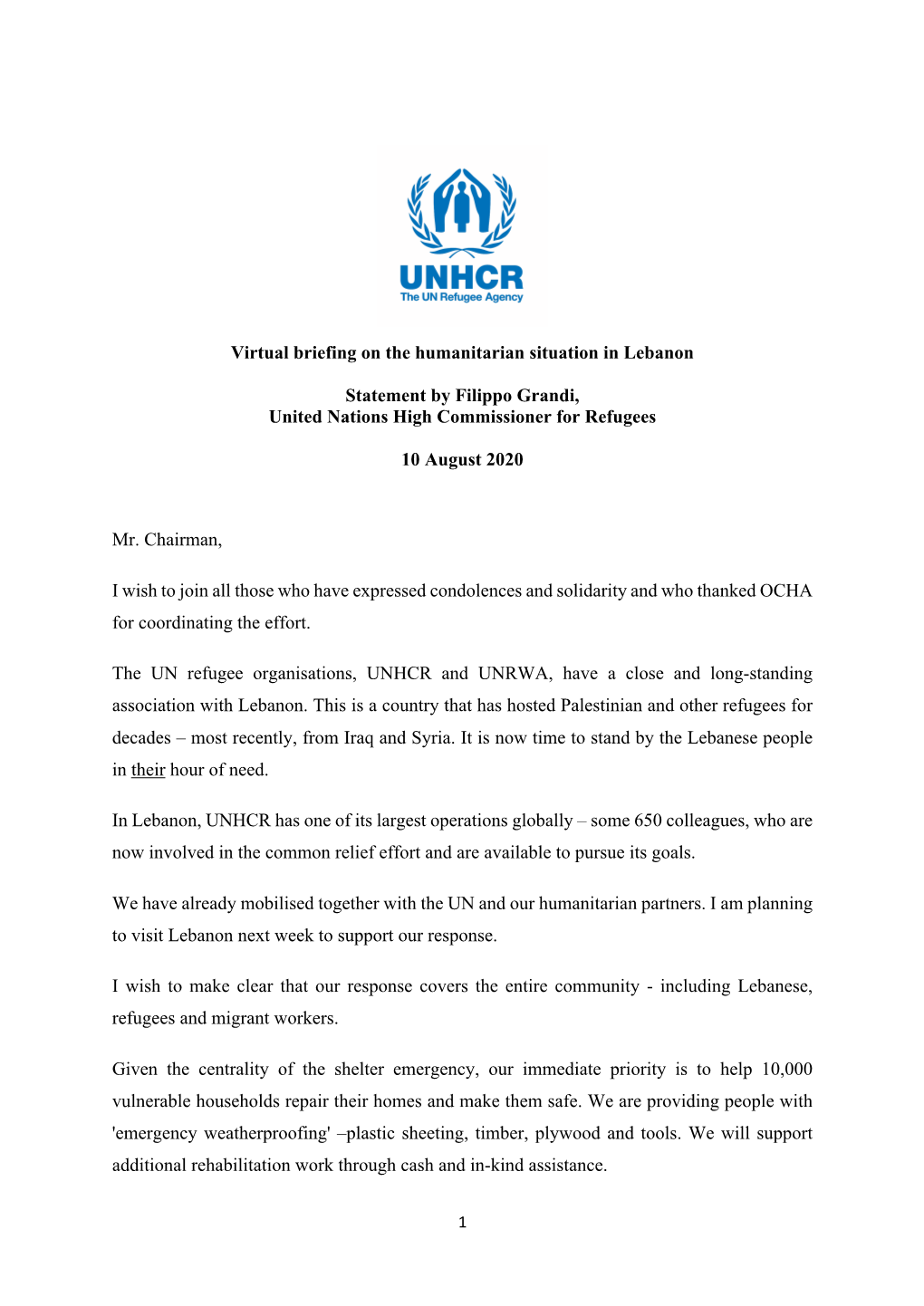 Virtual Briefing on the Humanitarian Situation in Lebanon Statement By