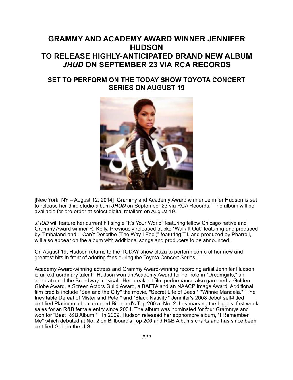 Press Release JH Album Release GRAMMY AND