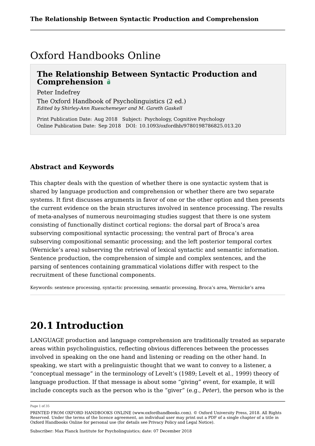 Relationship Between Syntactic Production and Comprehension