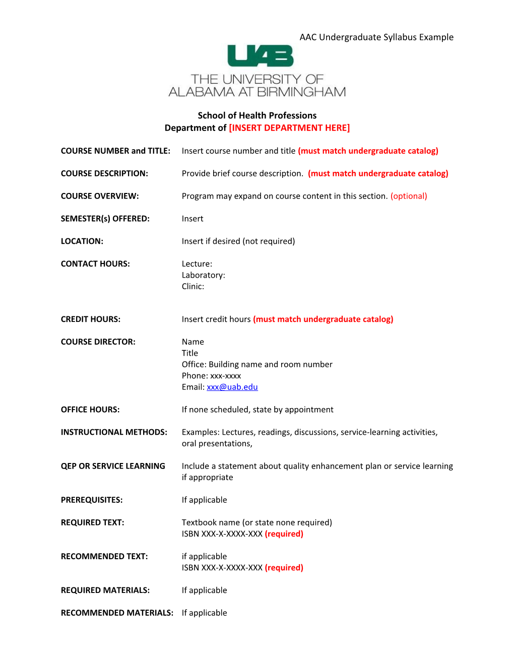 Sample Syllabus Undergraduate Level