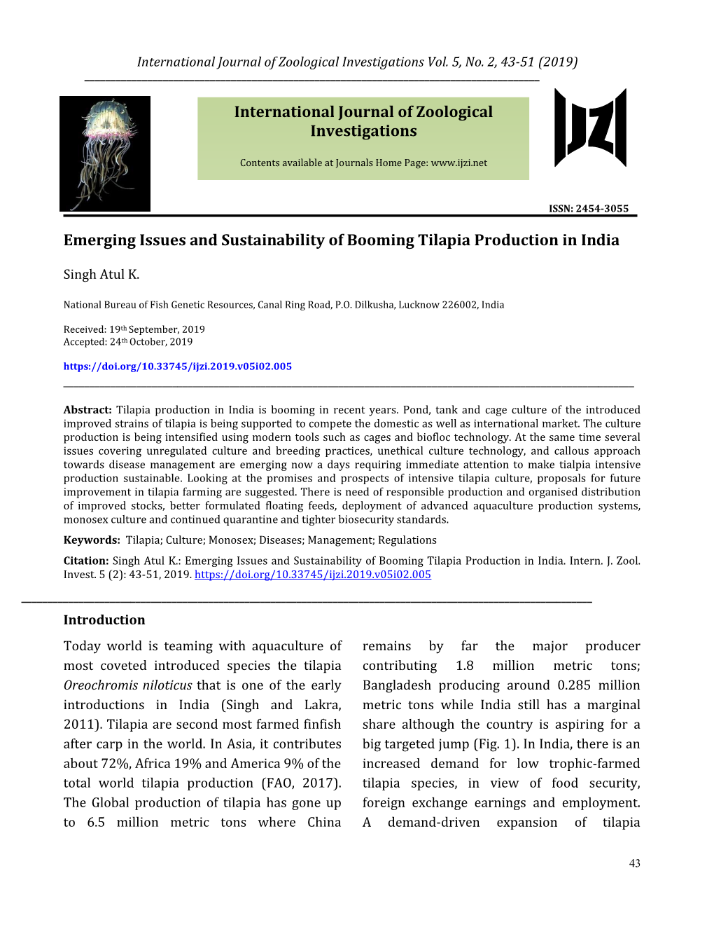 Emerging Issues and Sustainability of Booming Tilapia Production in India International Journal of Zoological Investigations