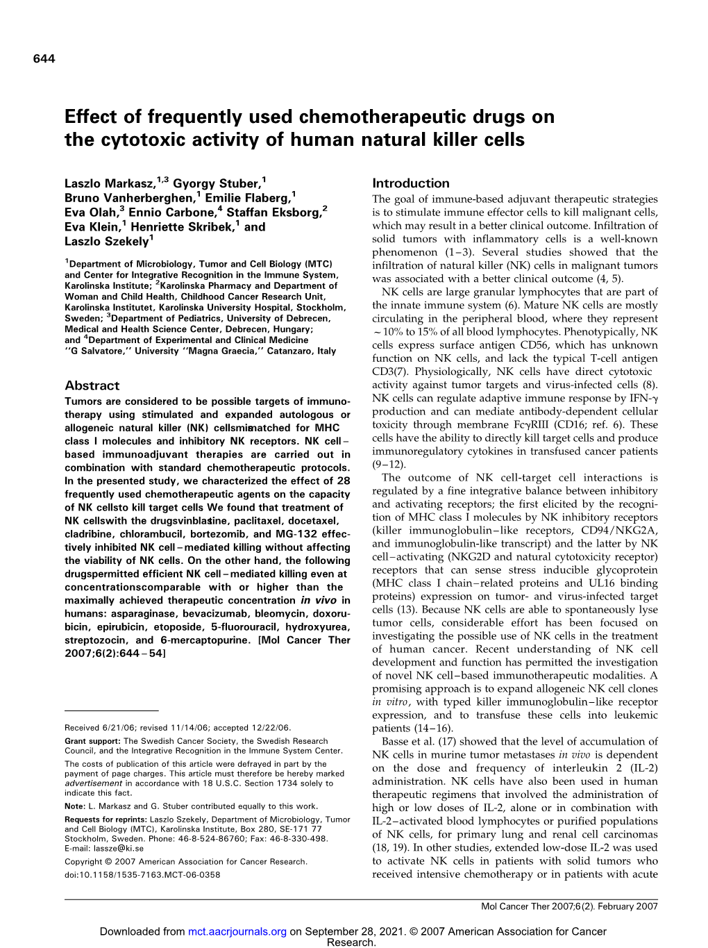 Effect of Frequently Used Chemotherapeutic Drugs on the Cytotoxic Activity of Human Natural Killer Cells