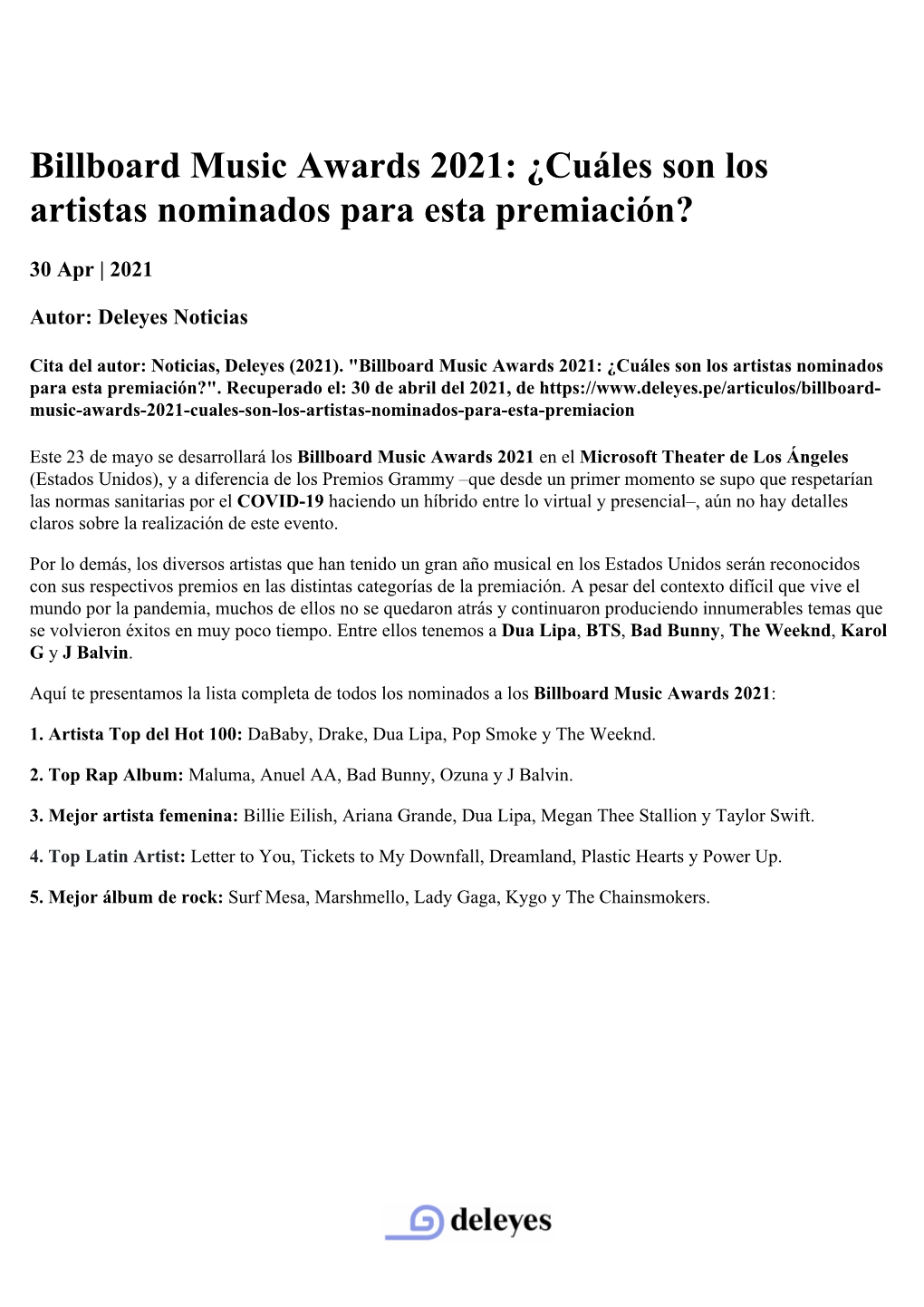 Billboard Music Awards 2021: ¿Cuáles Son Los Artistas Nominados Para Esta Premiación?