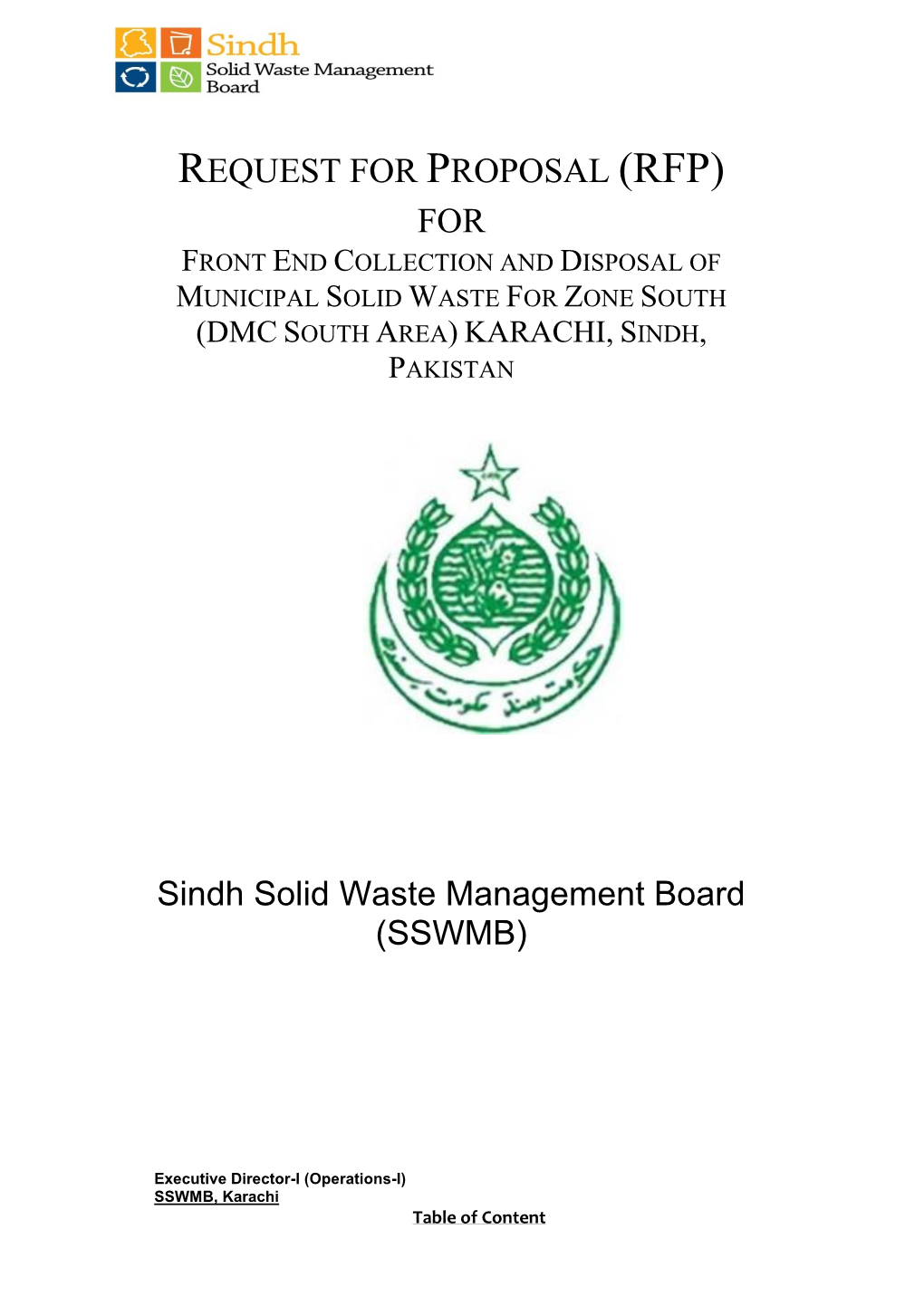 (Rfp) for Front End Collection and Disposal of Municipal Solid Waste for Zone South (Dmc South Area) Karachi, Sindh, Pakistan