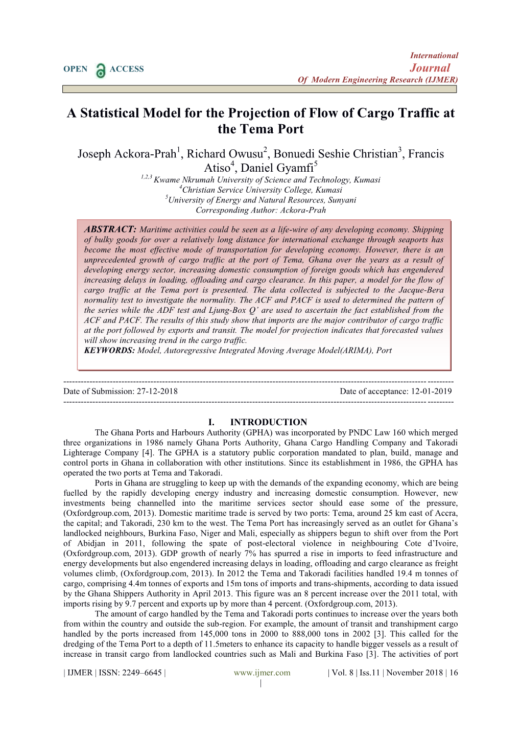 A Statistical Model for the Projection of Flow of Cargo Traffic at the Tema Port